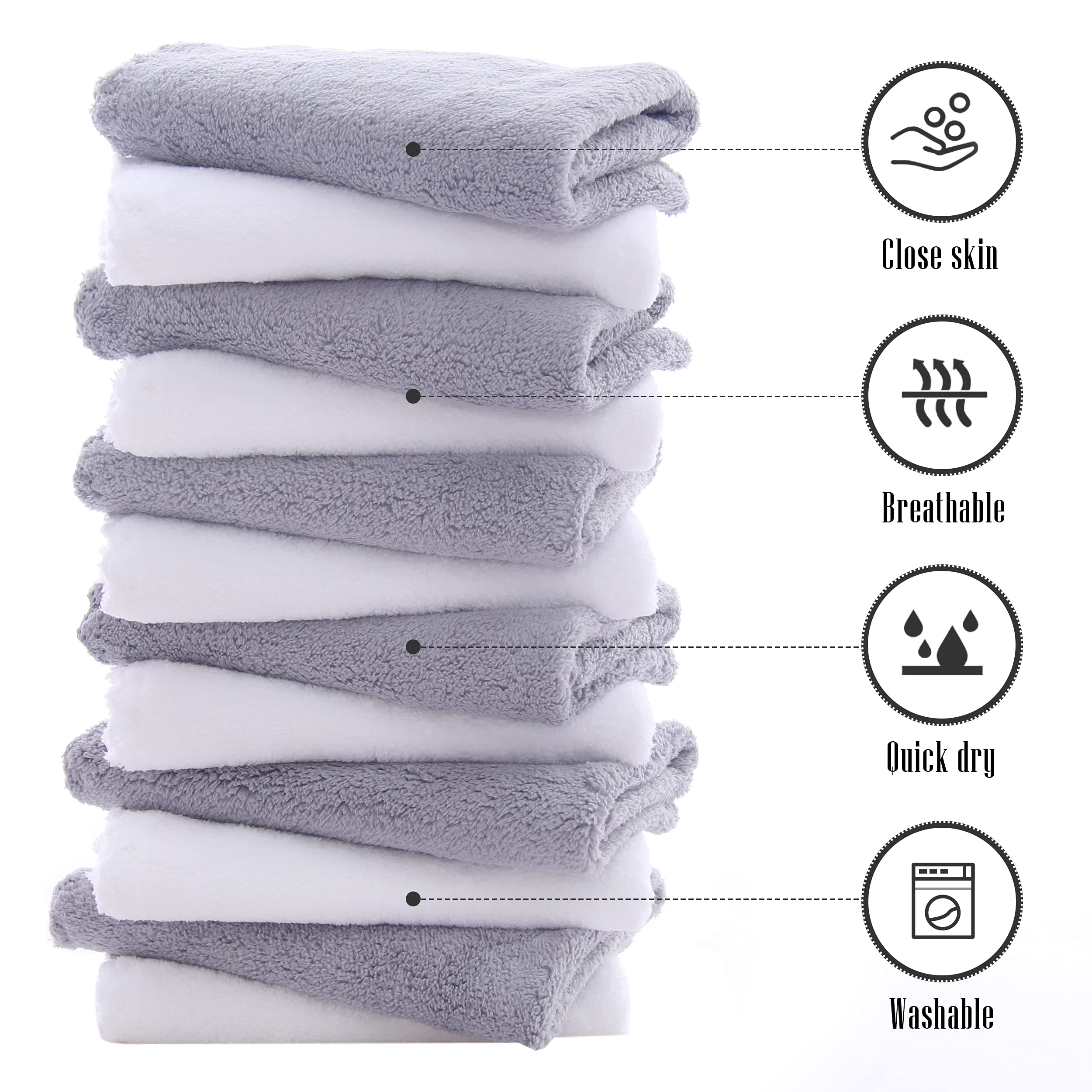 TENSTARS 12 Pack Premium Washcloths Set - Quick Drying- Soft Microfiber Coral Velvet Highly Absorbent Wash Clothes - Multipurpose Use as Bath  Spa  Facial  Fingertip Towel (Grey and White)